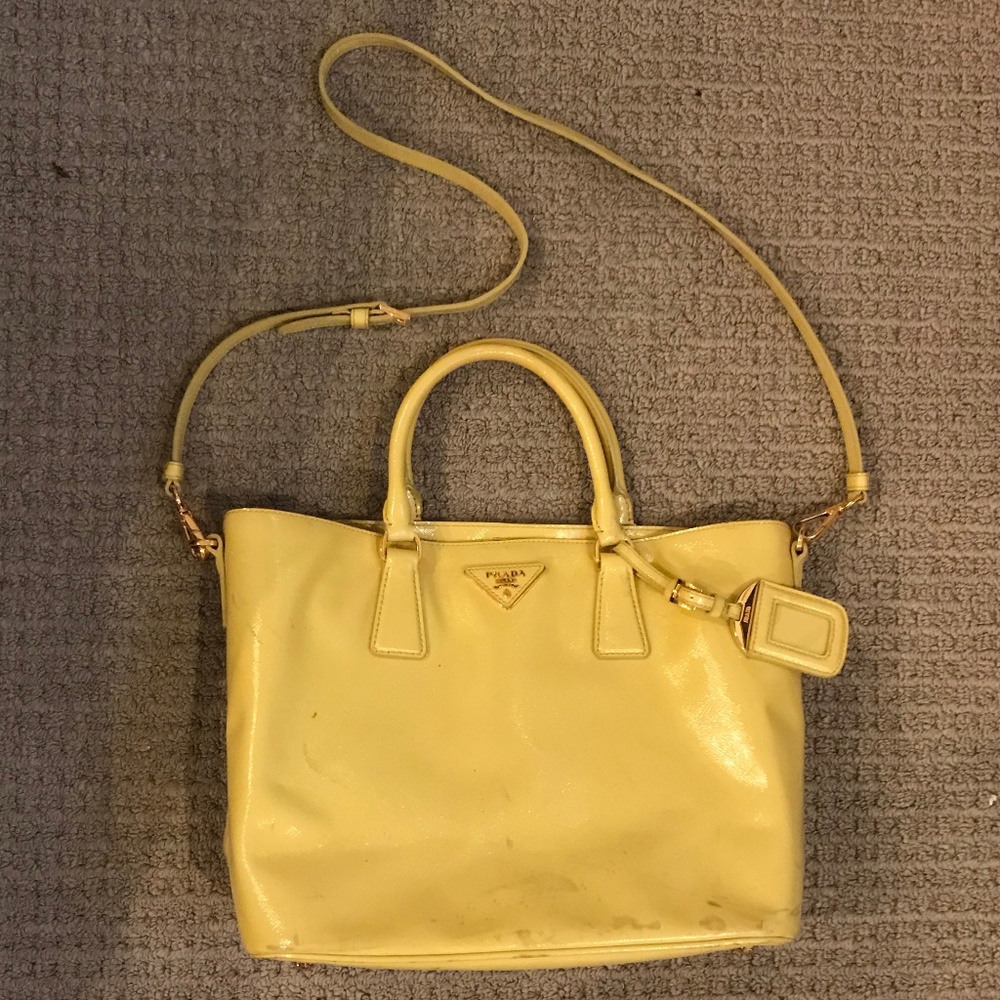 Prada Medium Mustard Patent Leather Tote